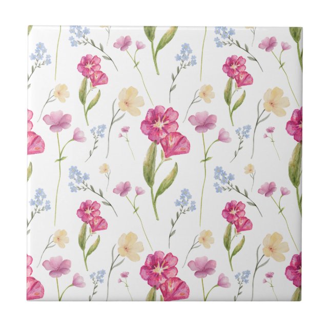 Pink Watercolor Wildflower Ceramic Tile (Front)