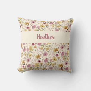 Pink Watercolor Wildflower Monogram Name Cushion