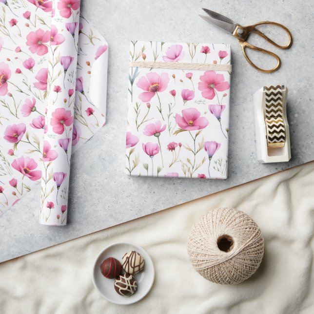 Pink Watercolor Wildflower  Wrapping Paper (Crafts)