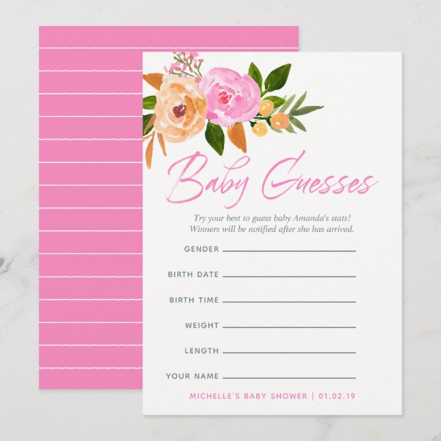 Pink watercolor wildflowers Baby Predictions Game Invitation (Front/Back)