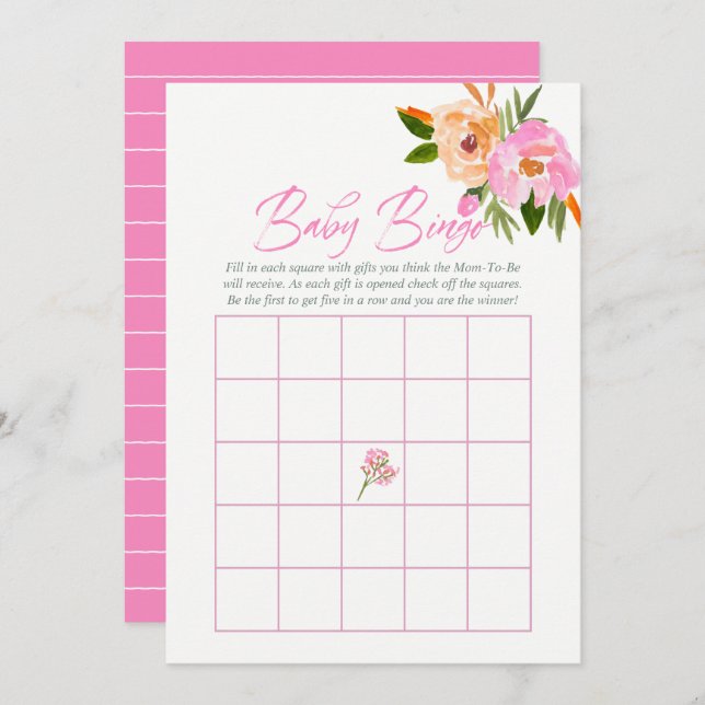 Pink watercolor wildflowers Baby Shower Baby Bingo Invitation (Front/Back)