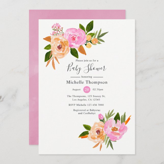 Pink watercolor wildflowers Baby Shower Invitation (Front/Back)
