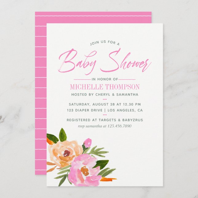 Pink watercolor wildflowers Baby Shower Invitation (Front/Back)