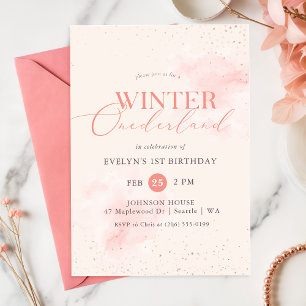Pink Watercolor Winter Onederland Girl Birthday Invitation