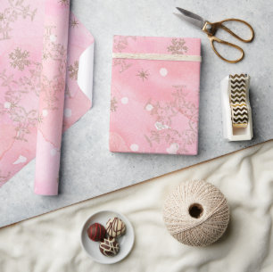 Pink watercolor with golden glitter snowflakes  wrapping paper