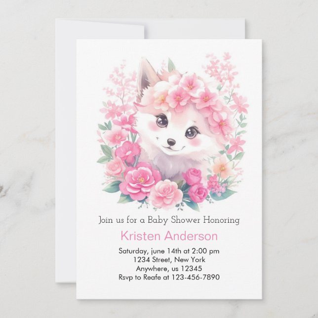 Pink Watercolor Wolf Magic Girl Baby Shower Invitation (Front)