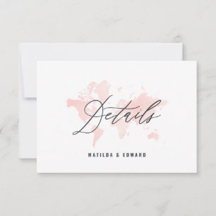 Pink watercolor world map wedding details RSVP card