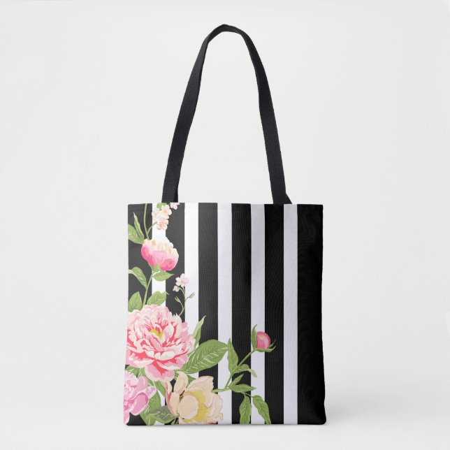 Pink Watercolors Flowers Black & White Stripes Tote Bag (Front)