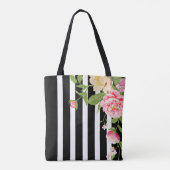 Pink Watercolors Flowers Black & White Stripes Tote Bag (Back)