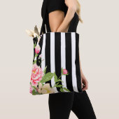 Pink Watercolors Flowers Black & White Stripes Tote Bag (Close Up)