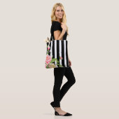 Pink Watercolors Flowers Black & White Stripes Tote Bag (On Model)