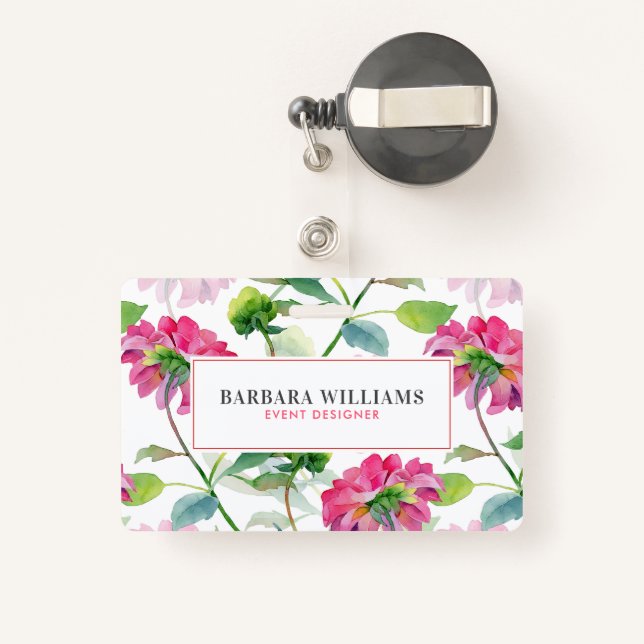 Pink Watercolors Flowers Pattern ID Badge (Back with Retractable)