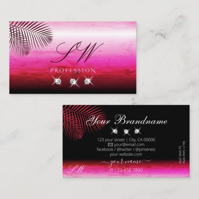 Pink Watercolors Palm Leaves Diamonds and Monogram Business Card (Front/Back)