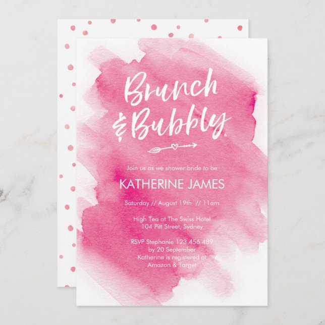 Pink Watercolour Brunch & Bubbly Shower invitation (Front/Back)