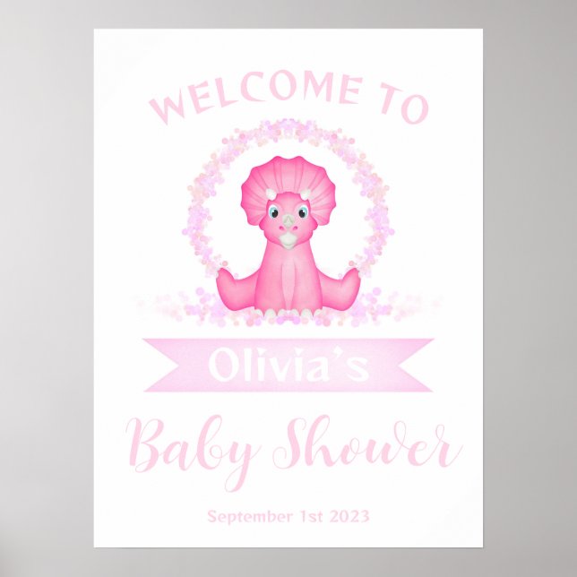 Pink Watercolour Dinosaur Baby Shower Welcome Sign (Front)