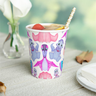 Pink Watercolour Dinosaur Birthday Baby Shower Paper Cups