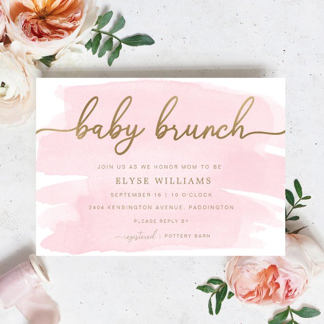 Pink Watercolour Gold Baby Brunch Invitation (Baby Shower Brunch Invitation Pink Watercolour Gold)