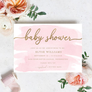 Pink Watercolour Gold Baby Shower Invitation