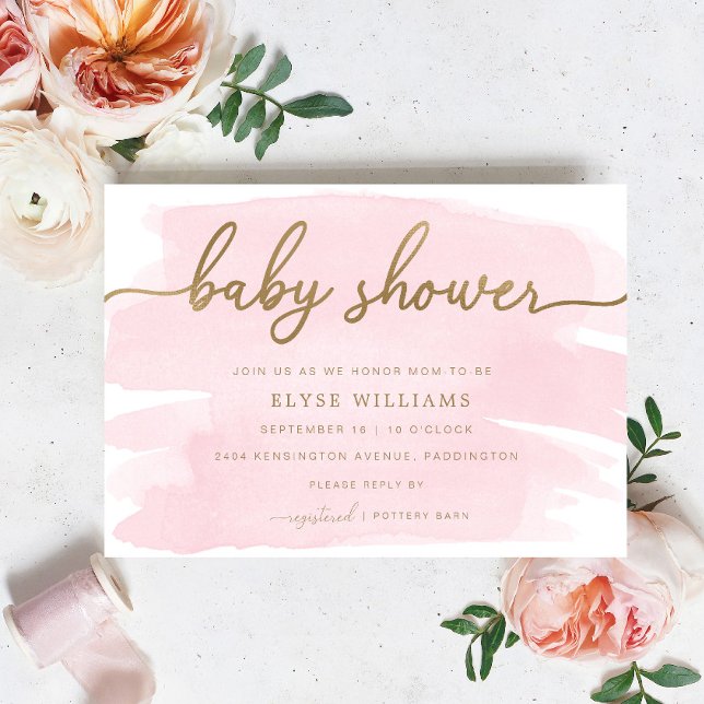 Pink Watercolour Gold Baby Shower Invitation (Baby Shower Invitation Pink Watercolour Gold )
