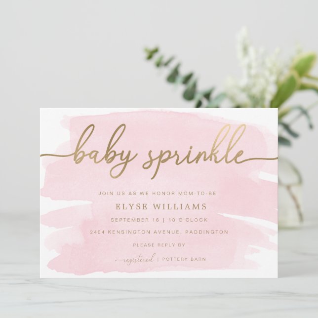 Pink Watercolour Gold Baby Sprinkle Invitation (Standing Front)