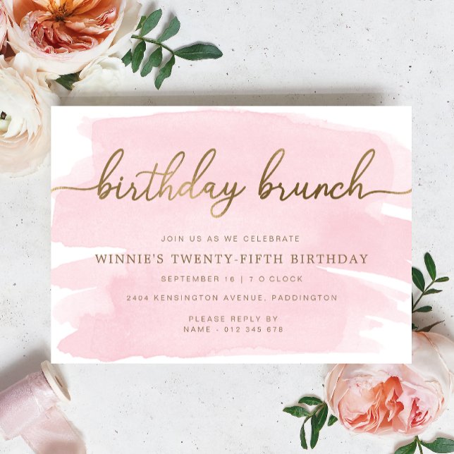 Pink Watercolour Gold Birthday Brunch Invitation (Birthday Brunch Invitation prink Watercolour Gold )