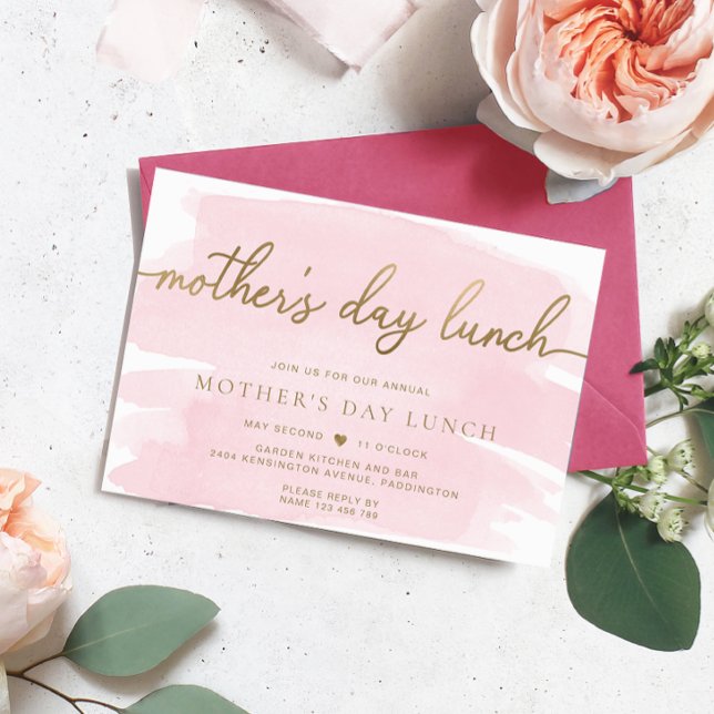 Pink Watercolour Gold Mother's Day Lunch Invitation (Mothers Day Lunch Invitation pink Watercolour Gold )