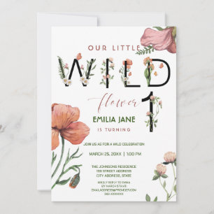 Pink Watercolour Little Poppies 1st Birthday Invitation
