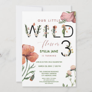 Pink Watercolour Little Poppies 3rd Birthday Invitation