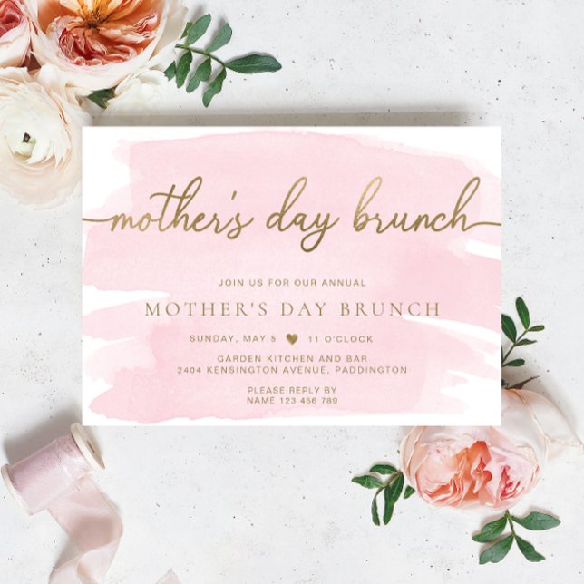 Pink Watercolour Mother's Day Brunch Invitation (Mothers Day Brunch Invitation pink Watercolour Gold )