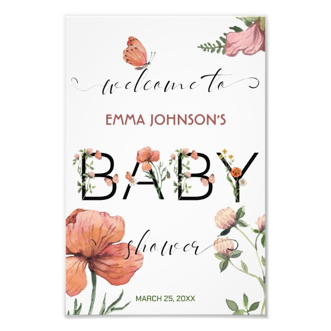 Pink Watercolour Poppies Baby Shower Welcome Photo Print (Front)