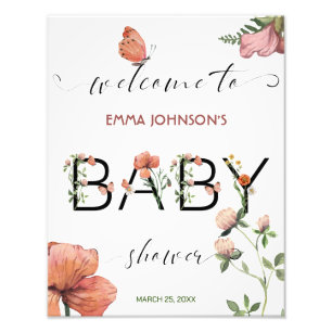 Pink Watercolour Poppies Baby Shower Welcome Photo Print