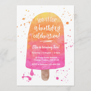 Pink Watercolour Popsicle Birthday Invitation