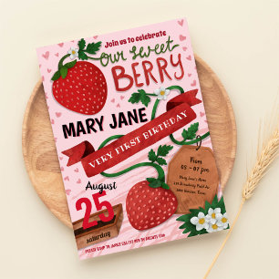 pink watercolour strawberry 1st birthday invitation