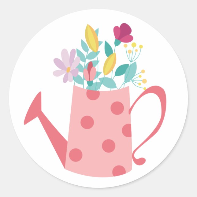 Pink watering can for flowers classic round sticker (Front)
