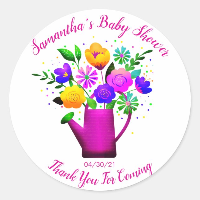 Pink Watering Pot & Yellow Pink Flower Baby Shower Classic Round Sticker (Front)