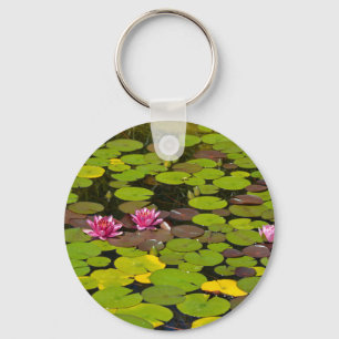 Pink waterlily garden pond key ring
