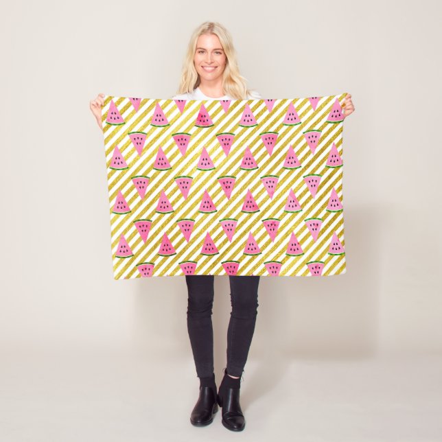 Pink Watermelon and Yellow Stripe Summer Pattern Fleece Blanket (In Situ)