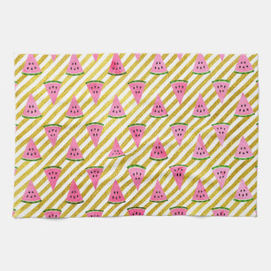 Pink Watermelon and Yellow Stripe Summer Pattern Tea Towel