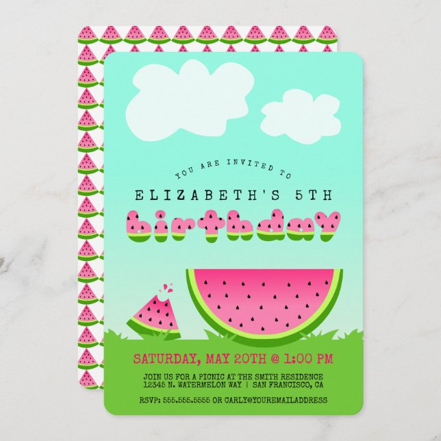 Pink Watermelon Birthday Picnic Party Invitation (Front/Back)