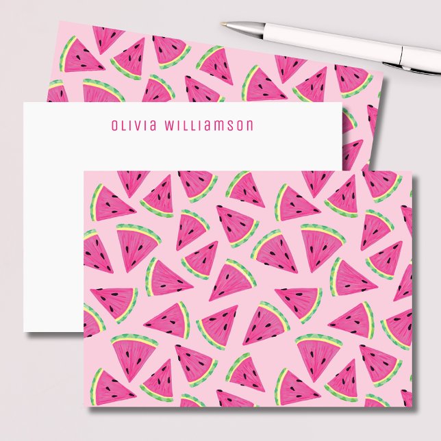 Pink Watermelon Fruit Personalised Card (Colorful pink, tropical watermelon slice notecards. Customize with your own name or choice of text.)