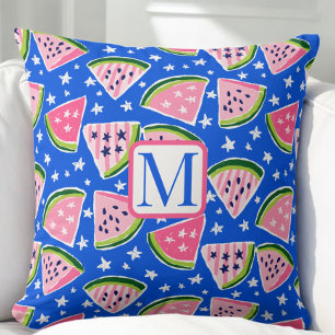 Pink Watermelon Fruit Slice Stars Pattern Monogram Cushion