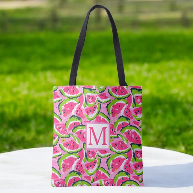 Pink Watermelon Fruit Slices Pattern Monogram Tote Bag (Creator Uploaded)