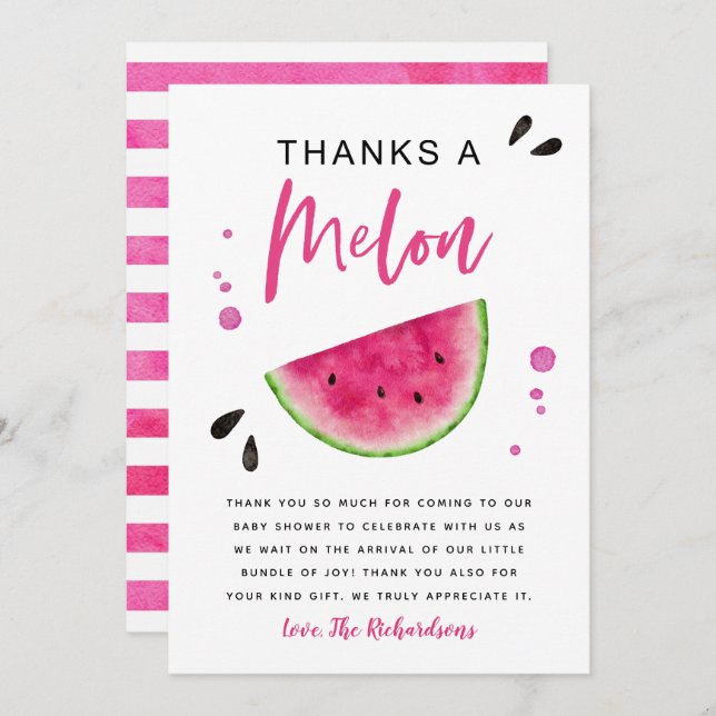 Pink Watermelon Girl's Baby Shower Thank You Card (Front/Back)