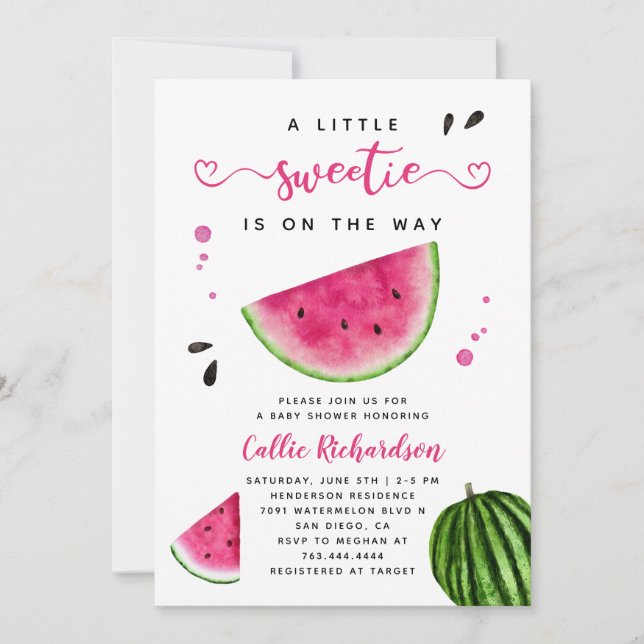 Pink Watermelon Little Sweetie Baby Shower Invitat Invitation (Front)