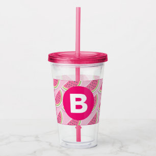 Pink Watermelon Pattern Circle Monogram Acrylic Tumbler