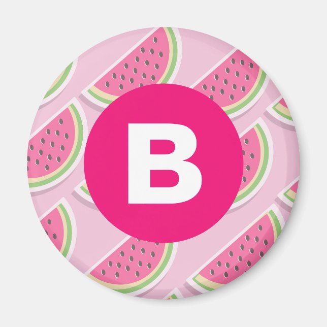 Pink Watermelon Pattern Circle Monogram Magnet (Front)