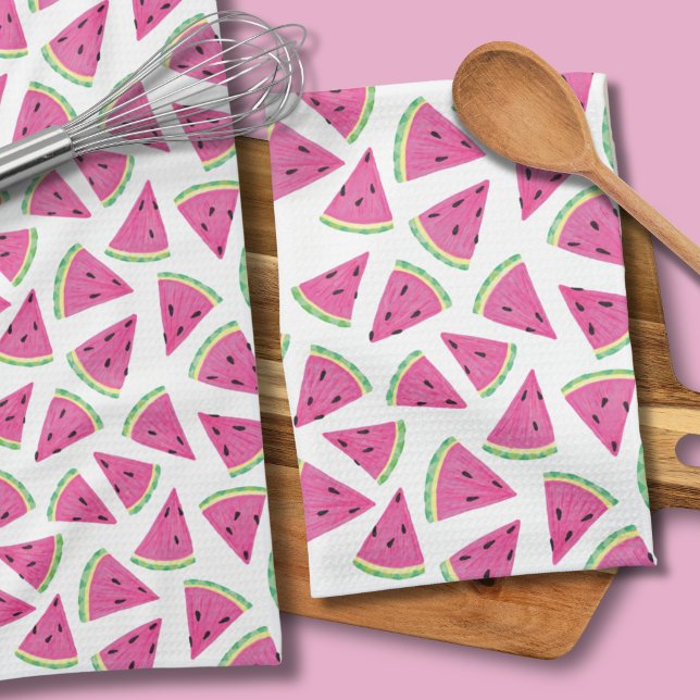 Pink watermelon pattern tea towel (Watermelong pattern kitchen towel on white background.)