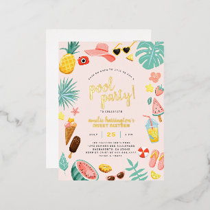 Pink   Watermelon Pineapple Tropical Pool Party Foil Invitation Postcard