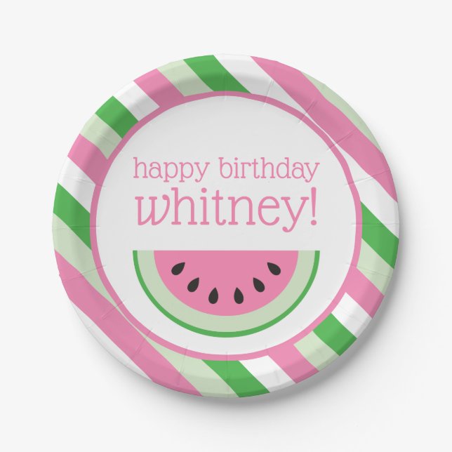 Pink Watermelon Stripes Personalised Party Plates (Front)
