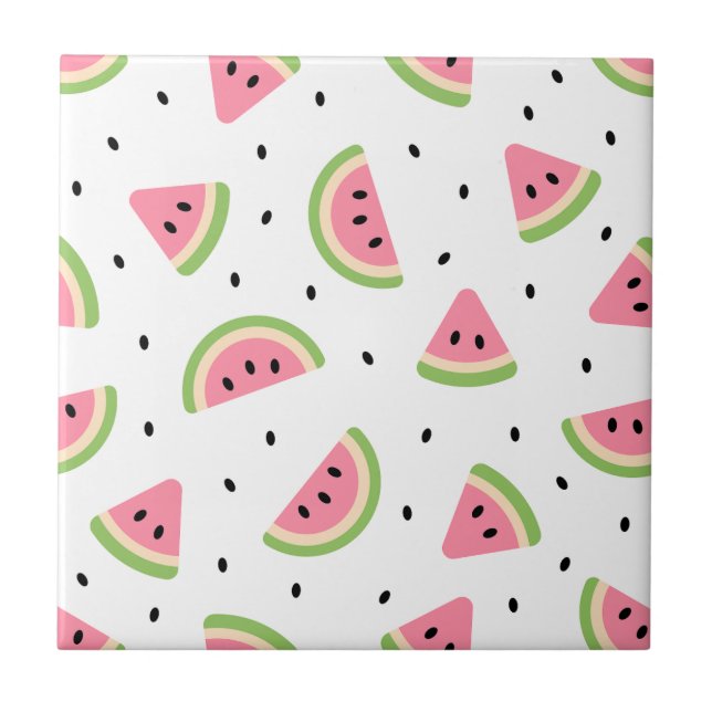 Pink Watermelons, Watermelon Seeds, Summer Pattern Ceramic Tile (Front)